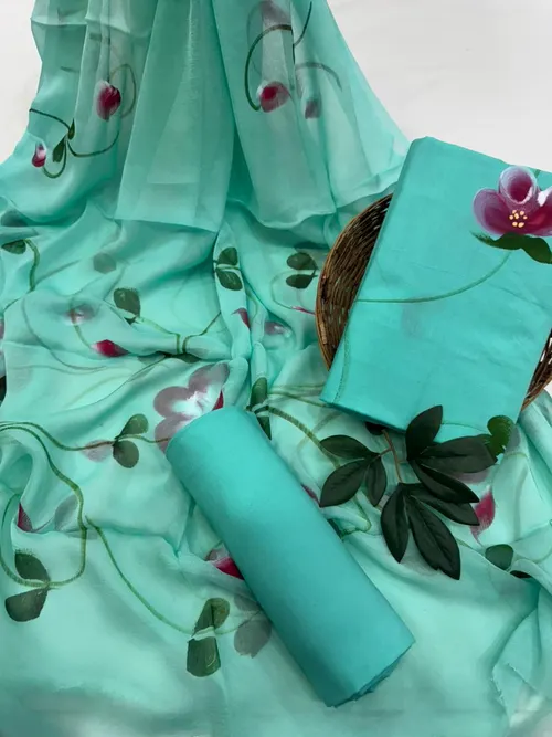 Elegant Hand-Painted Cotton Suit Set with Lightweight Chiffon Dupatta